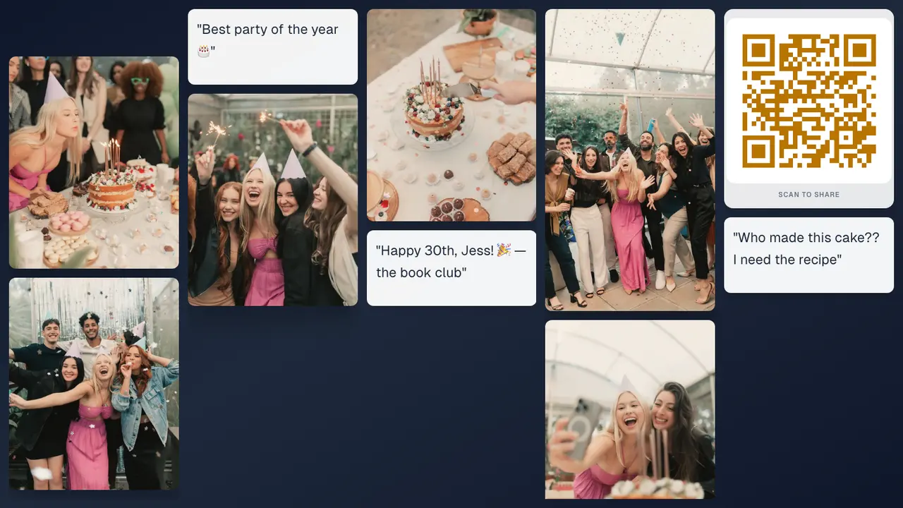 A birthday party photo wall in Grid view: party photos, cake and birthday messages from guests next to a QR code