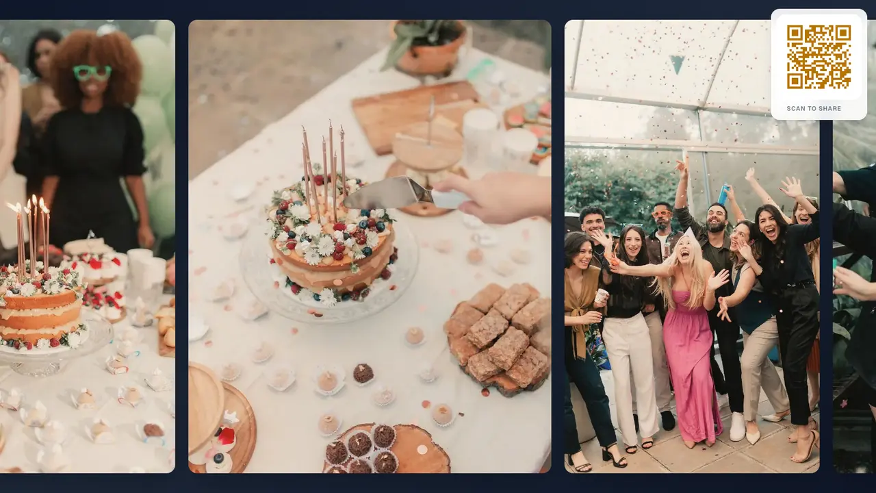 A birthday photo wall in Slideshow view: the cake, guests in party hats, everyone cheering