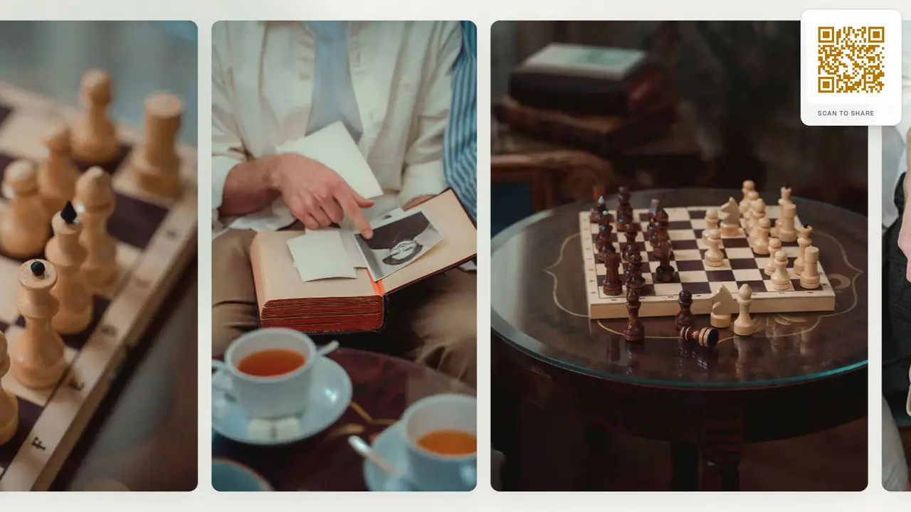 A memorial wall in Slideshow view with photos of a life — books, chess, tea