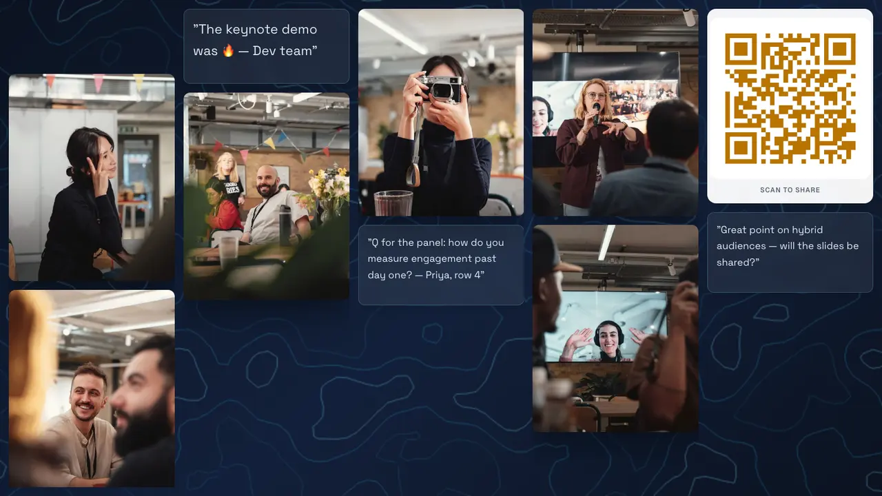 A conference event wall in Grid view, Keynote theme: attendee photos, a question for the panel and comments on a dark animated background with a QR code