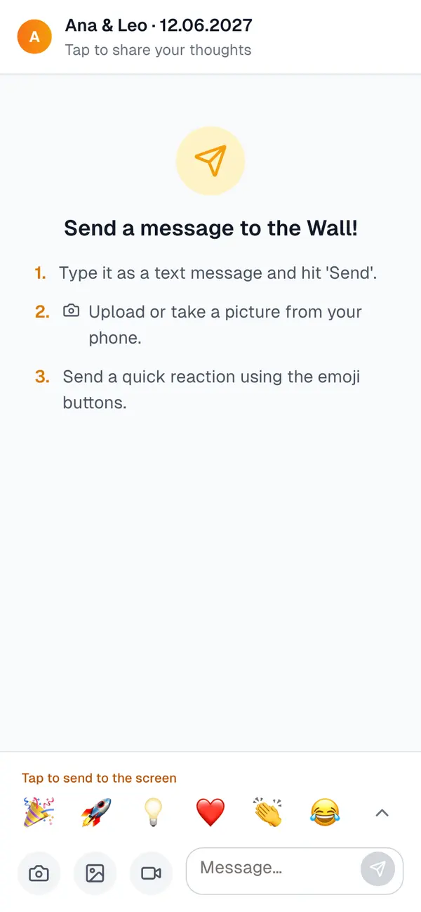 The guest posting page on a phone: a message box, camera, gallery and video buttons, and a row of emoji reactions