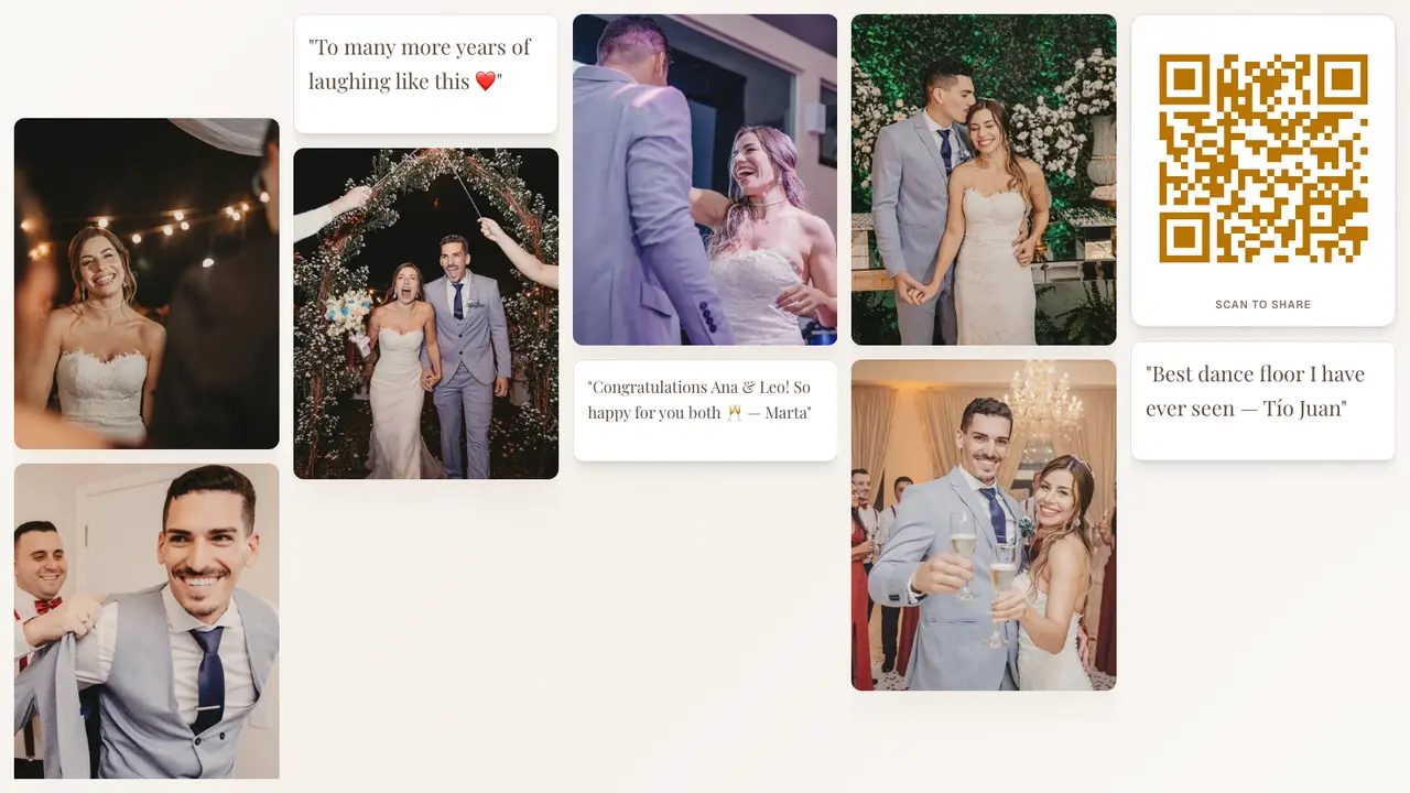 A live wedding photo wall in Grid view: guests' photos of the couple and messages of congratulations next to a QR code, in the Elegant theme
