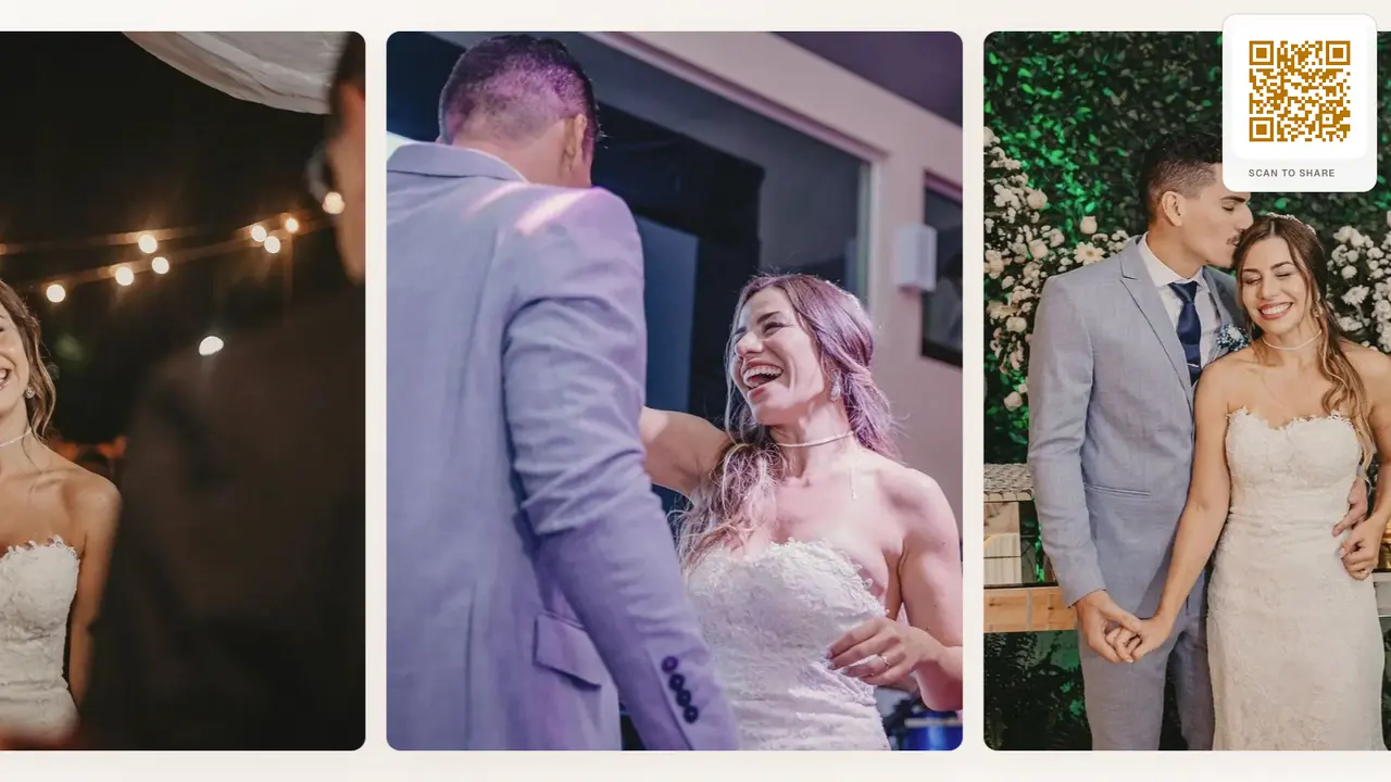 A wedding photo wall in Slideshow view: large guest photos of the couple scrolling across the screen