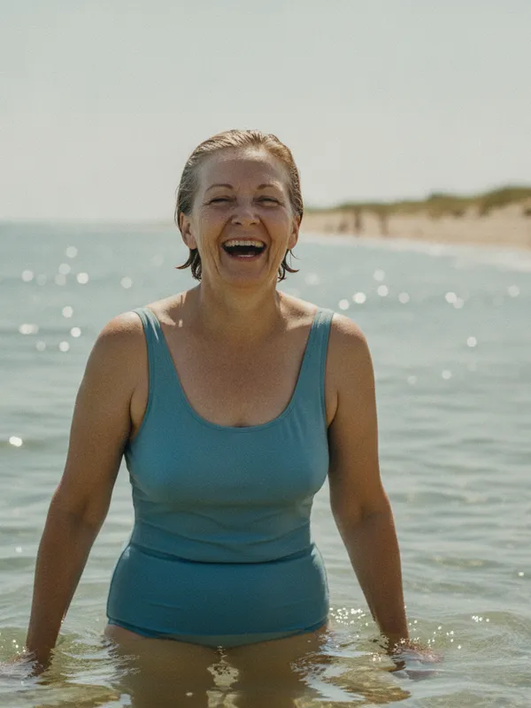 Eleanor Whitfield laughing in the water at the lake in 1978, shared by a guest on the memory wall