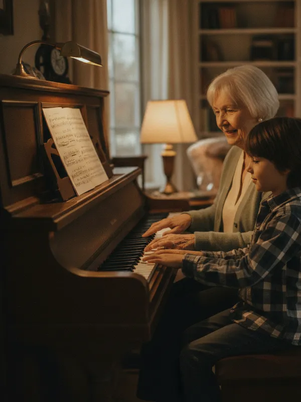 Eleanor Whitfield teaching a child at the piano, shared by a guest on the memory wall