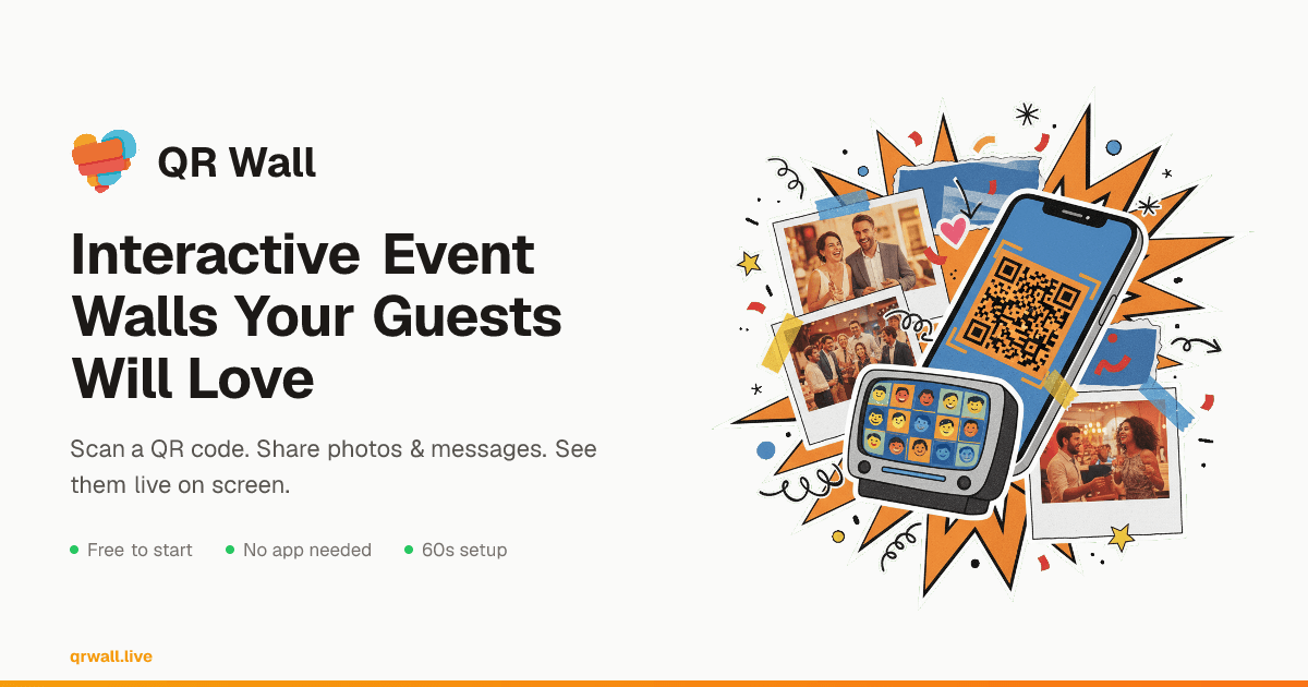 QR Wall live event display showing photos and messages from guests