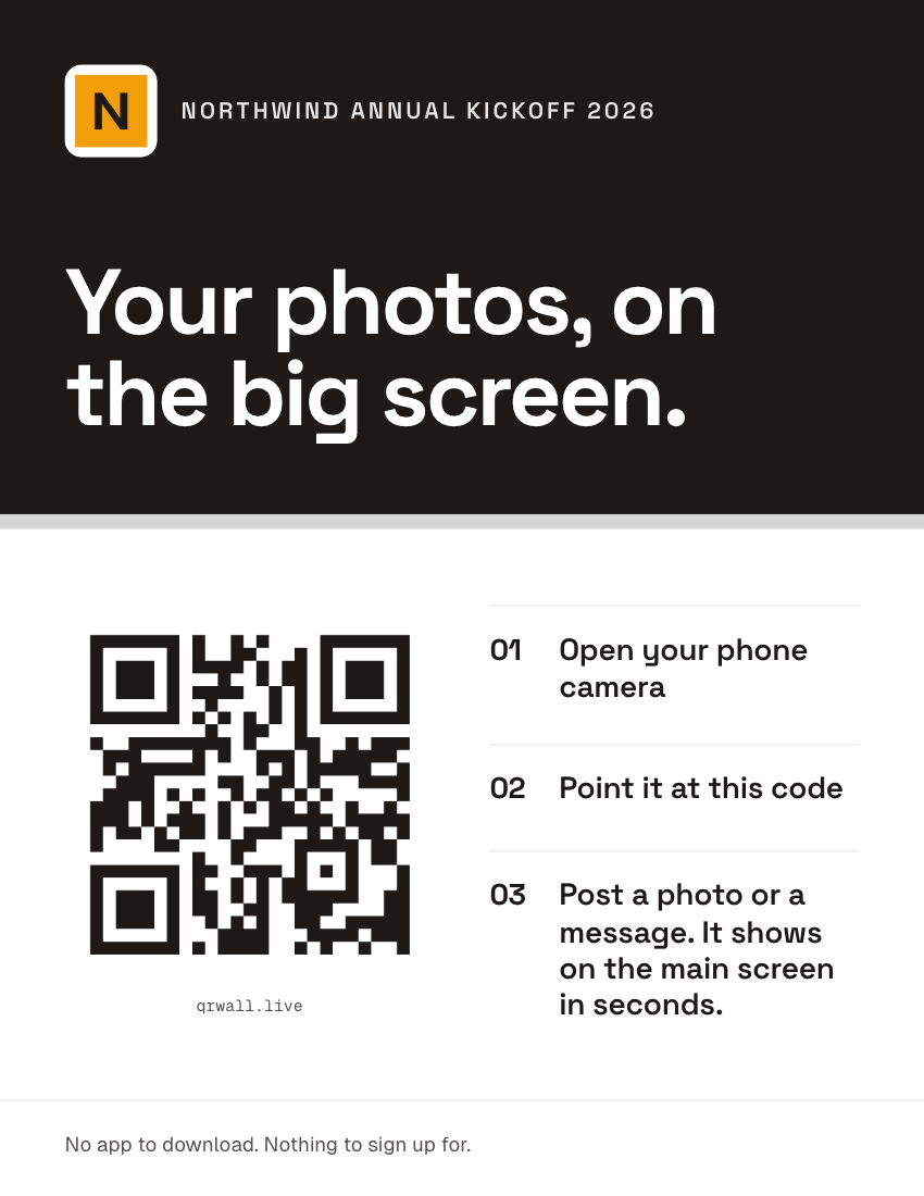 Printable company event QR code sign: a dark brand-color header with the event name and the headline "Your photos, on the big screen.", then a white panel with the QR code and three numbered steps.