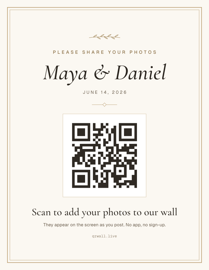 Printable wedding QR code sign on ivory paper: a thin gold double border, an olive sprig, the couple's names in italic serif, the wedding date, a framed QR code and the line "Scan to add your photos to our wall".