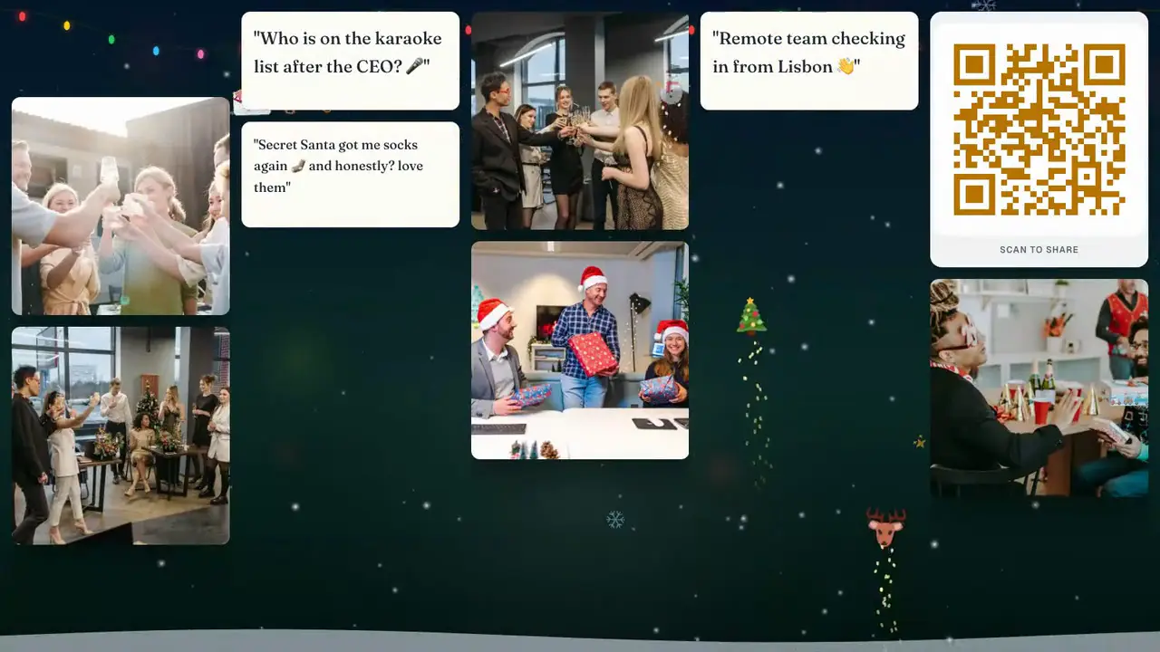 A Christmas party photo wall in Grid view: party photos and messages with snow and string lights