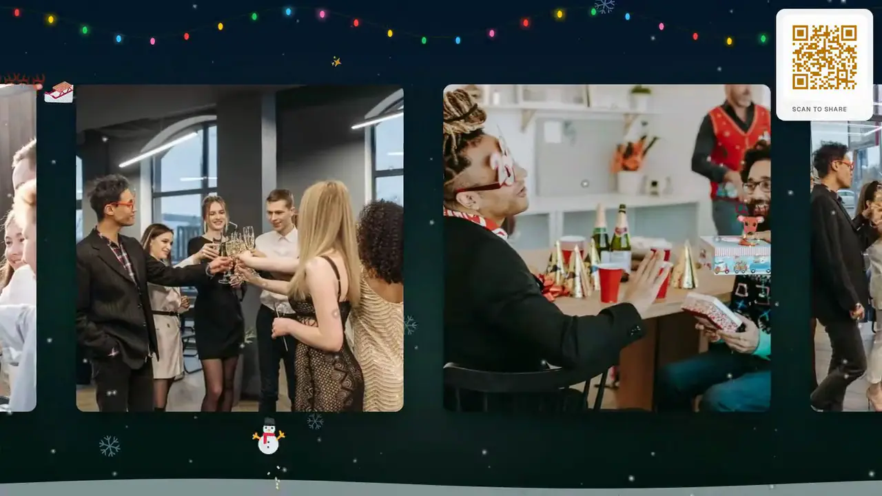 A Christmas photo wall in Slideshow view with snow falling over guests' photos