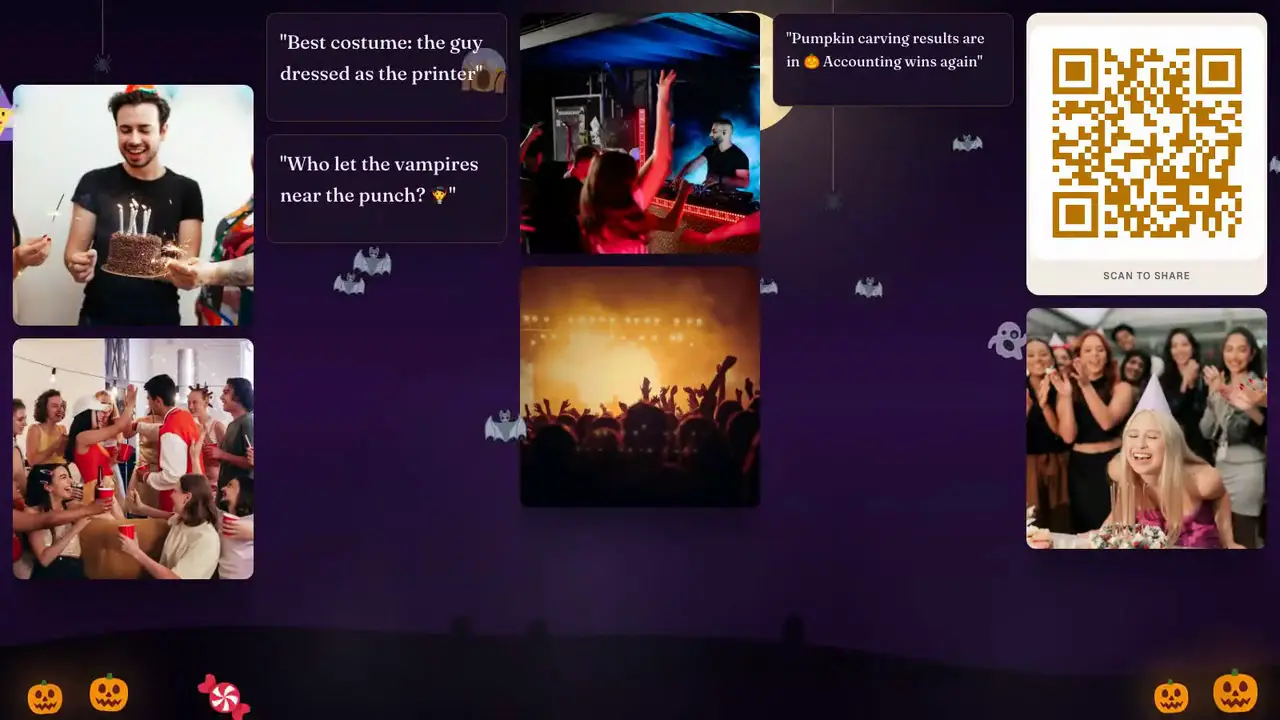 A Halloween party photo wall in Grid view: costume photos and messages on a purple night scene with bats, ghosts and jack-o'-lanterns
