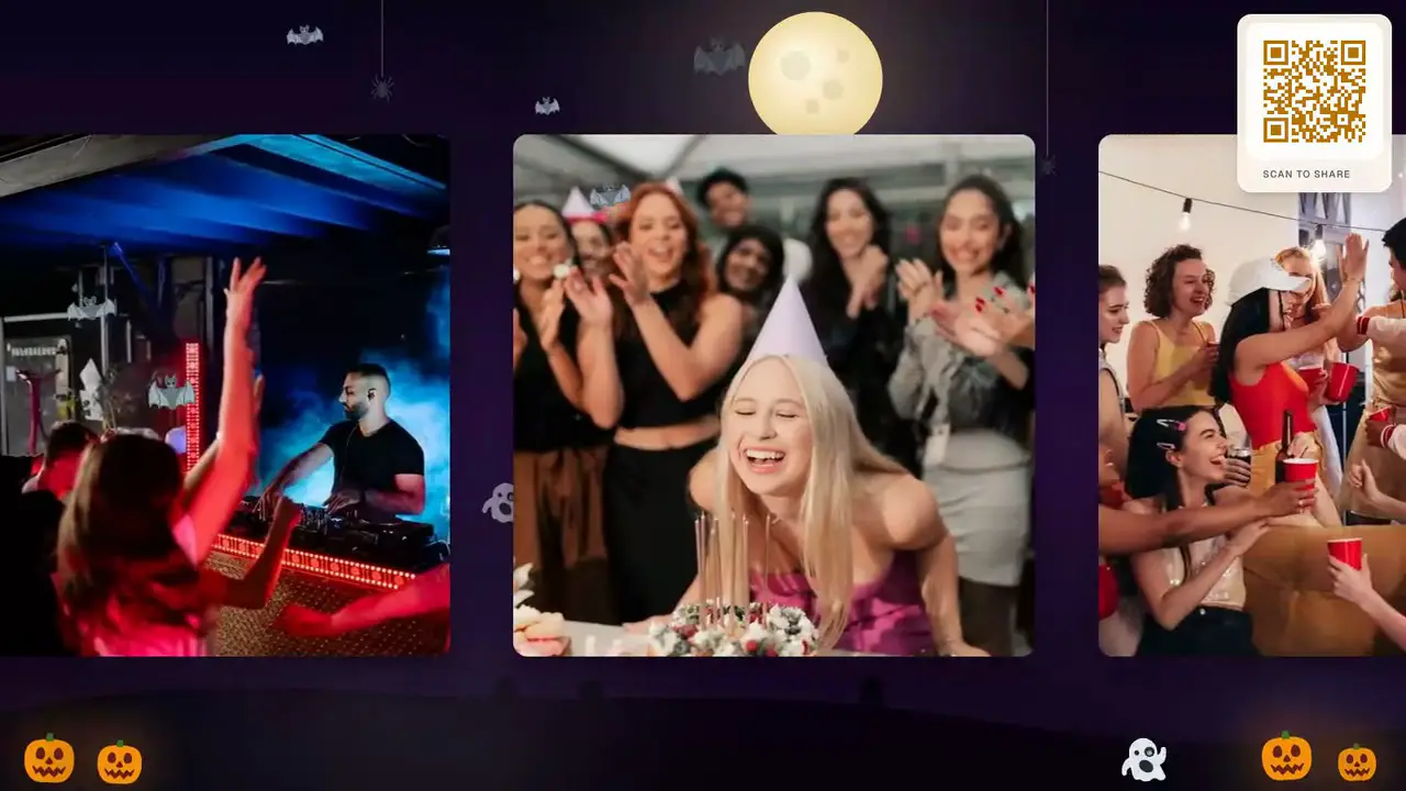 A Halloween photo wall in Slideshow view with a full moon and bats over guests' photos