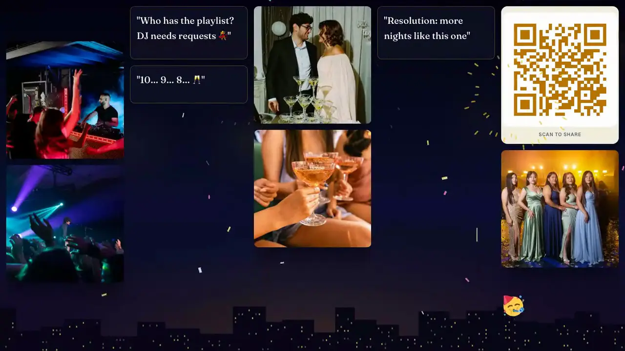 A New Year's Eve photo wall in Grid view: party photos and messages over a midnight skyline with confetti and fireworks
