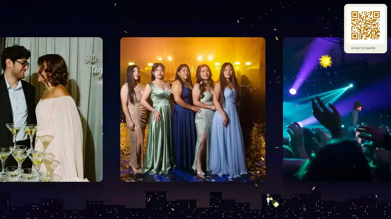 A New Year's Eve photo wall in Slideshow view with fireworks over guests' photos