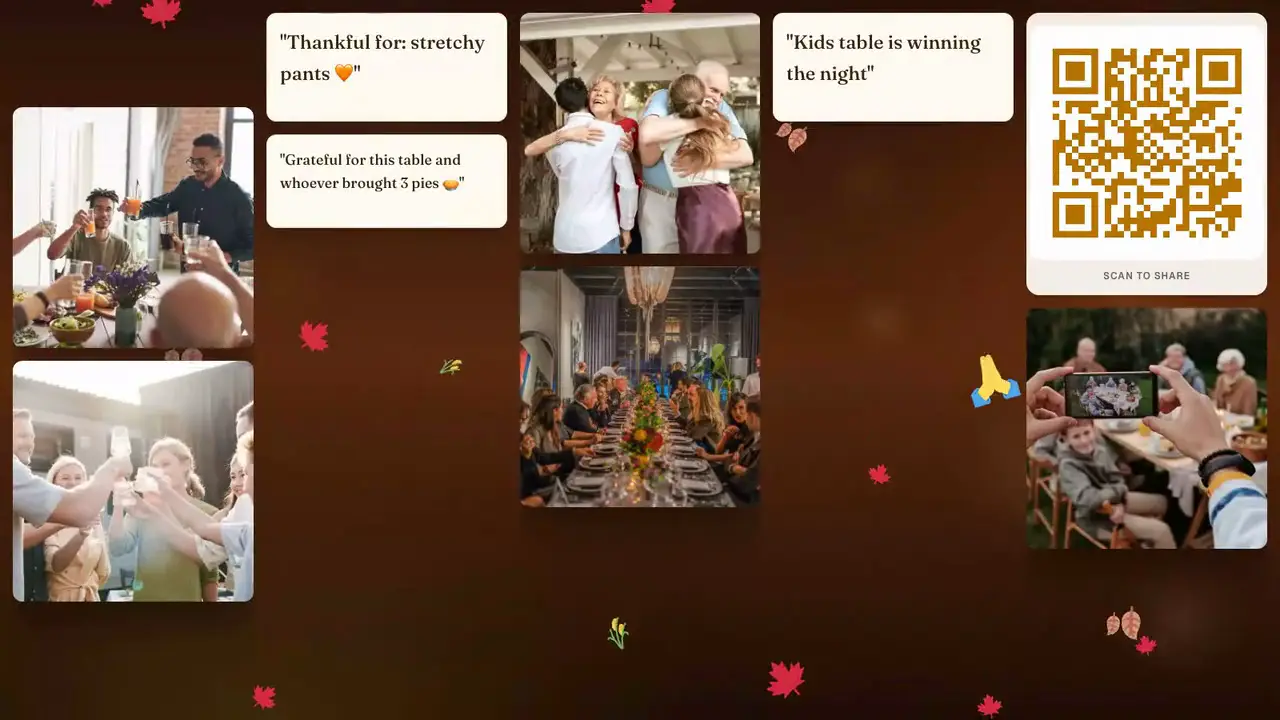 A Thanksgiving photo wall in Grid view: dinner photos and thankful messages with maple leaves and a turkey