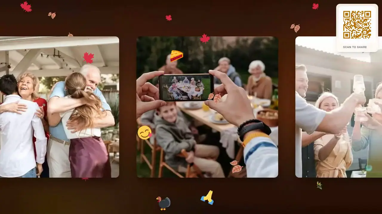 A Thanksgiving photo wall in Slideshow view with autumn leaves over guests' photos